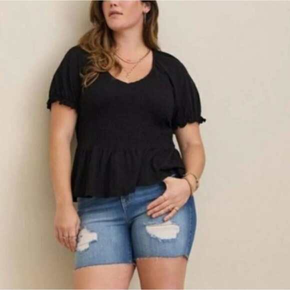 Torrid black Cotton Modal Slub SmockedShort Sleeve Babydoll - Picture 1 of 8